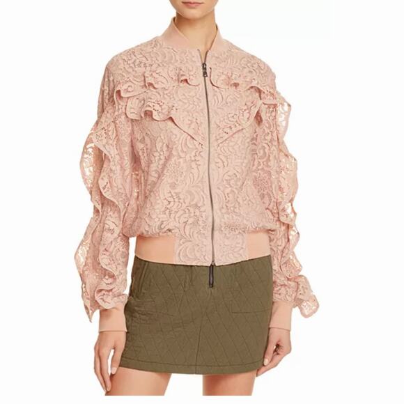 BCBGMAXAZRIA X Bloomingdales NEW Nova Lace Bomber Jacket Size L Zipper Closure - Picture 1 of 13